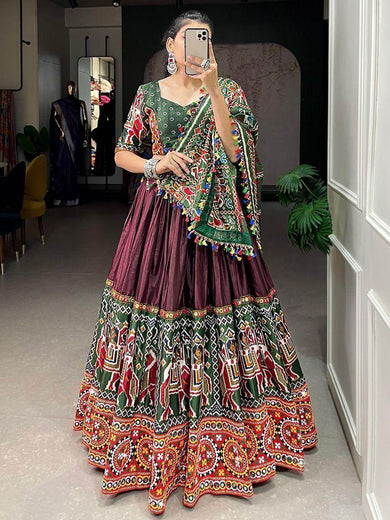 Rocking Brown Gamthi-Work Dola Silk Navratri Lehenga Choli